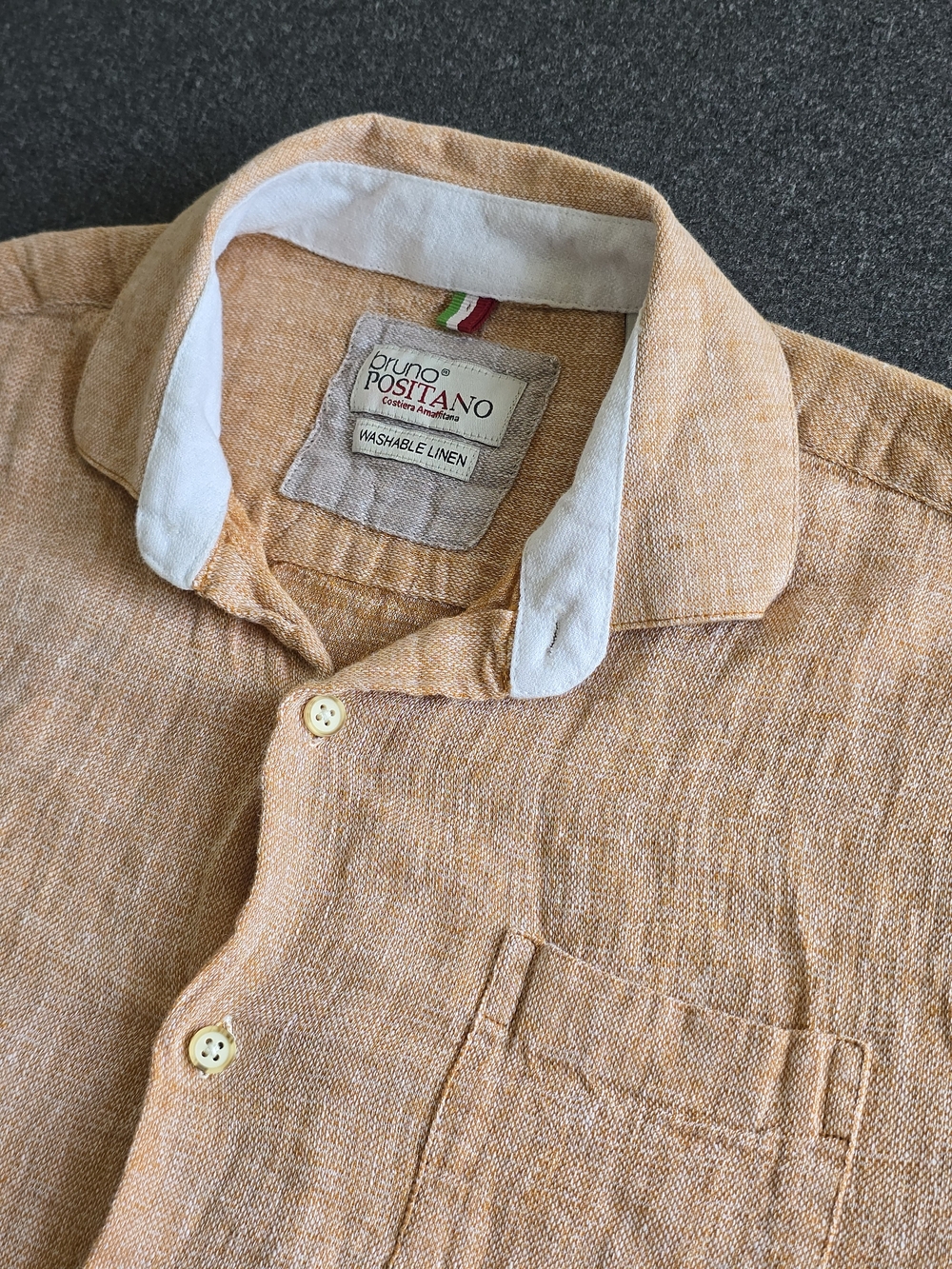 Bruno Positano Washable Linen Shirt Men's Small Orange Short Sleeve Button Up